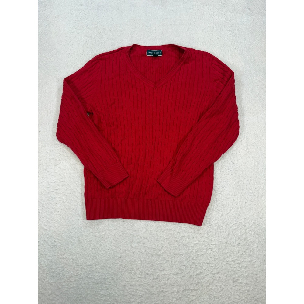 Karen Scott Red Cable Knit V-Neck Sweater Womens XL Long Sleeve Pullover